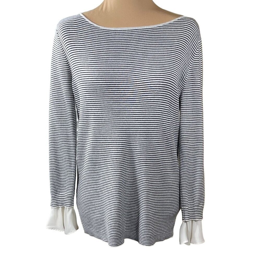 Loft Striped Women's Sweater Ruffle Cuff Boat Neck Black Cream Size M Medium
